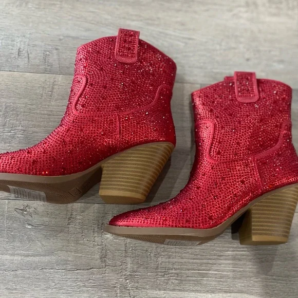 Red Rhinestone Cowgirl Sparkling Pull-on Christmas Party Forever Ankle Booties - Picture 6 of 8